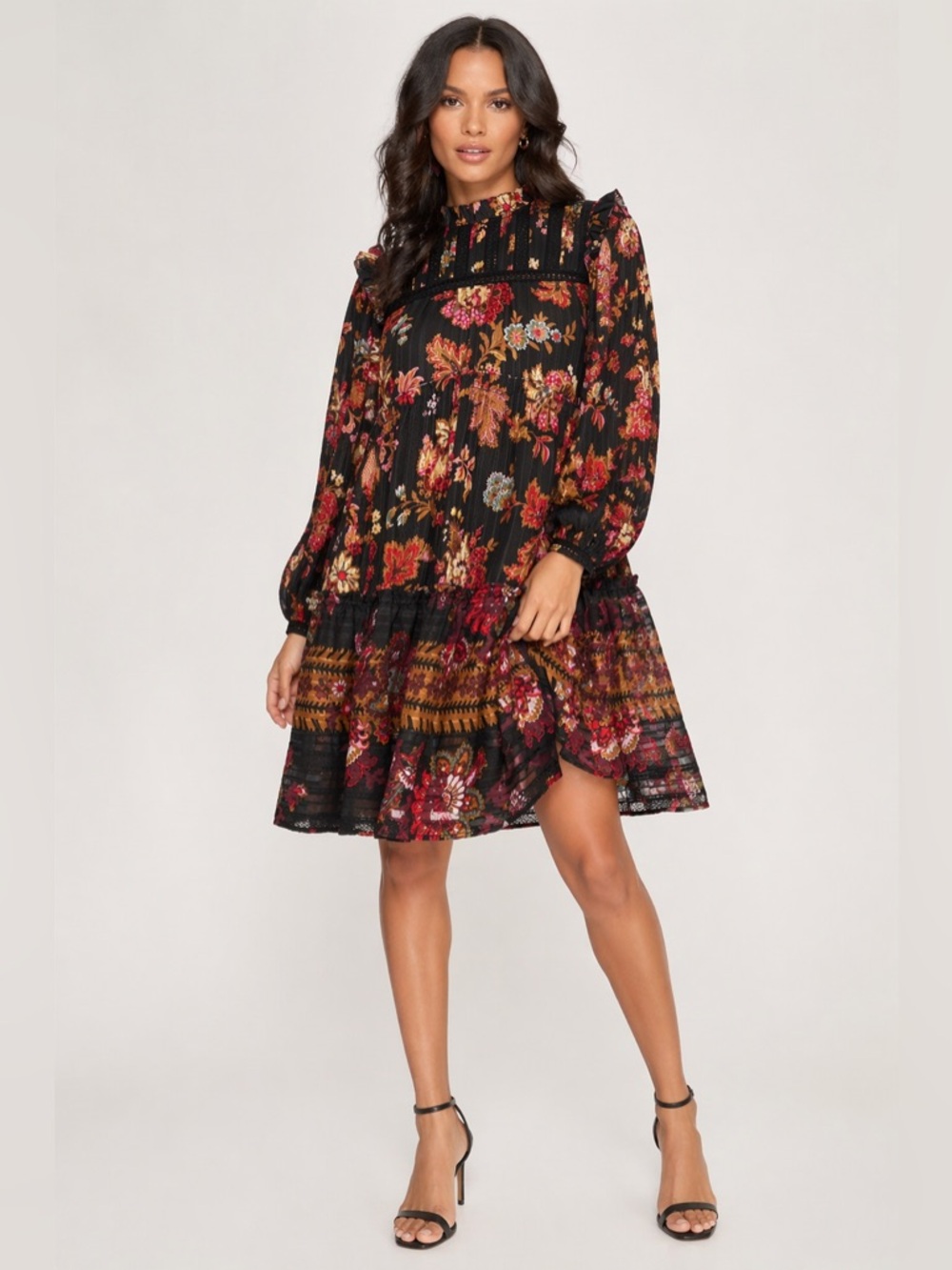 SEA New York Black Floral Long Sleeve Mini - Sz 2 - Picture 2 of 11